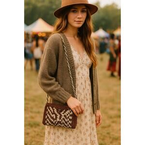 Handmade Artsy Crochet Brown Shoulder Bag 4x7 Flap Button Braided Strap Hippie